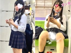 【電車対面パンチラ】女子高生に盗撮バレしてカメラ奪われたがパンツ自撮りしてくれる痴女でした。無料JKエロ動画。